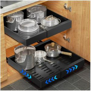 Pull Out Cabinet Organizer, 21" Deep Expandable(12.6''-20.5'') Pull Out Drawers for Cabinets, Slide Out Cabinet Organizers with Adhesive Nano Film for Kitchen Cabinet Organization (Black)