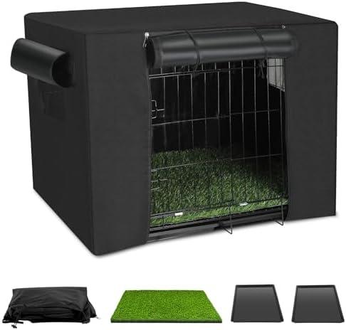 Dog Crates Kit with Artificial Grass and Dog Crates Cover, 27 Inch Double Door Collapsible Metal House for Dogs and Cats, Dog Cage with Leak-Proof Pan Tray, Travel, Indoor and Outdoor Dog Kennel
