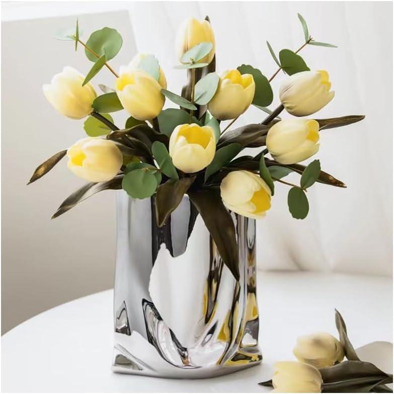 Ceramic Flower Vase, Crinkle Paper Shape, Silver Metal, Decorative Home Accent (Small)