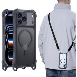 MAGEASY Compatible with iPhone 17 Pro Max 6.9" Case with Strap - 20ft Drop Protection Compatible with MagSafe, Leather Embedded Frame | Odyssey Strap M (Leatherette Midnight)