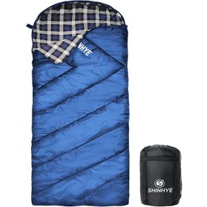ShinHye 0 Degree Sleeping Bag for Adults - Cotton Flannel 4 Season Cold Weather Winter, XXL Big and Tall Camping Sleeping Bag with Compression Sack (Blue-Right-New)