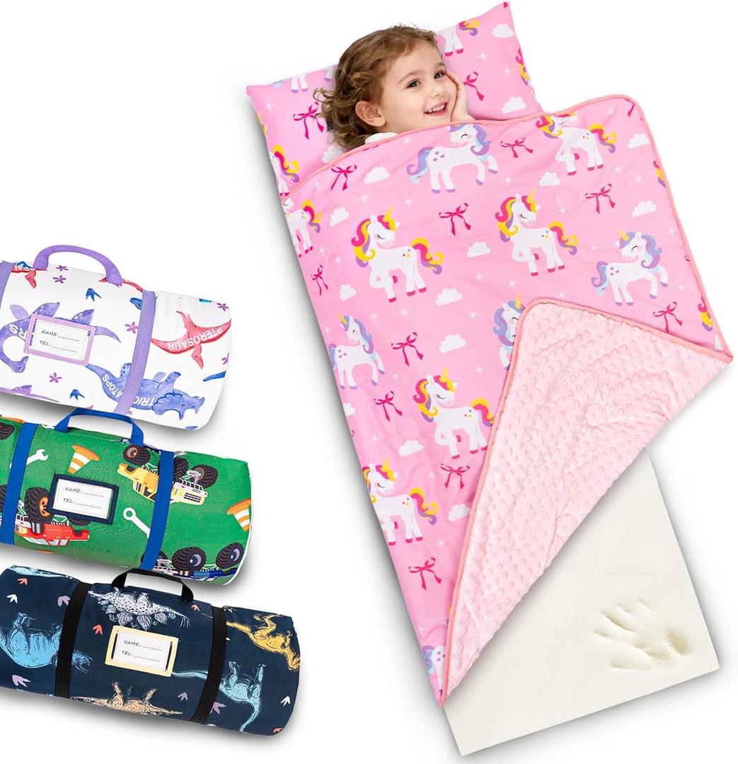 Primlect Toddler Thickened Foam Nap Mat with Pillow, Extra Large 55"x35", Soft, Supportive Sleeping Bag with Detachable, Washable Cover, for Sleepover, Home, Travel, Boys and Girls (Pink Unicorn)