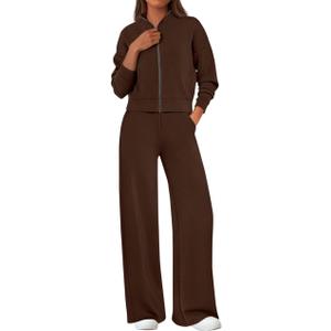 PRETTYGARDEN Womens 2 Piece Outfits Spring Sweatsuits Zip Up Sweatshirt Wide Leg Sweatpants Casual Tracksuit Lounge Sets (Small, Brown)
