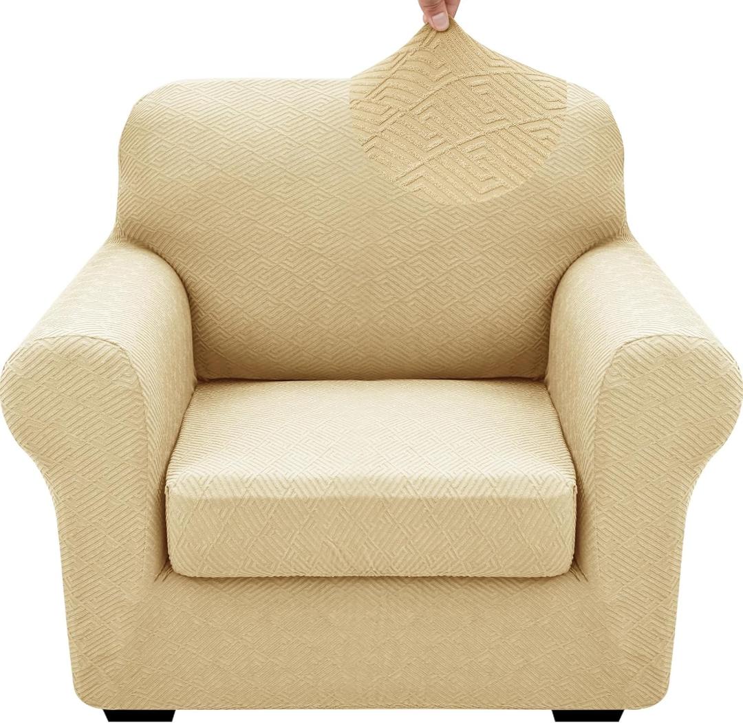 XINEAGE 2026 New 2 Pieces Chair Covers with Arms Super Stretch Chair Slipcover for Living Room Pet Dog Universal Slip Cover Anti Slip Armchair Furniture Protector (Beige), 31"-46"(1 Cushion)