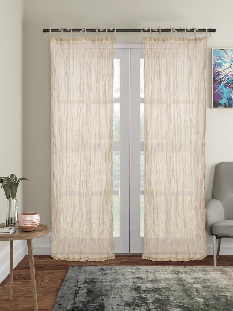 Sheer Crinkle Curtain Panel Set of 2, 100% Washable Cotton Window Treatment Rod Pocket Curtain Panels for Kitchen, Bedroom and Living Room - Off White, Window - 42"x63"