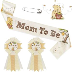 Classic Winnie Bear Baby Shower Decorations Mom to Be Sash Dad to Be Corsage Set, Neutral Vintage Pooh Bear Mommy to Be Sash Baby Shower Sash Set Winnie Gender Reveal Decorations Keepsake Gift