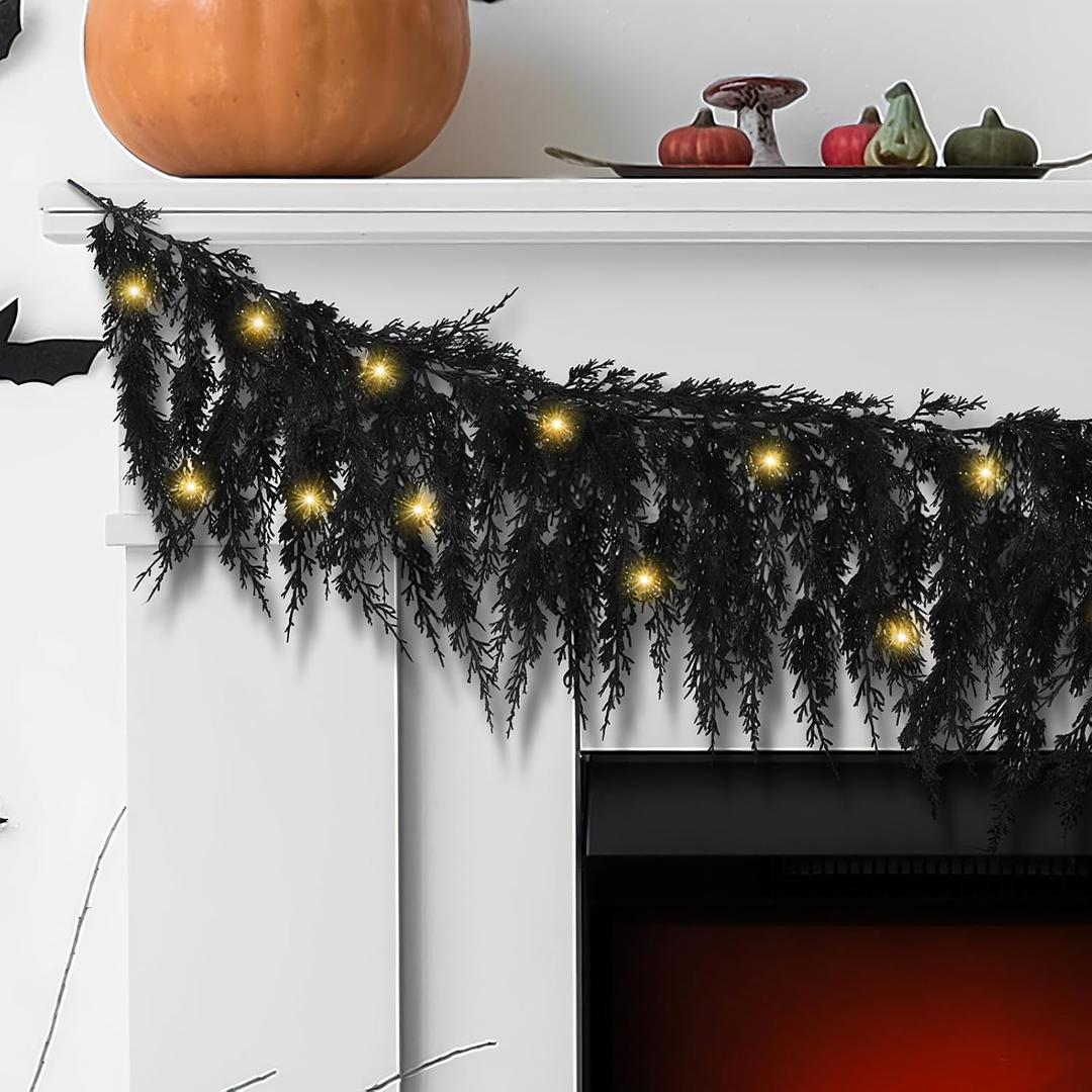 XunYee Black Halloween Garland 6 ft Lighted Cedar Pine Artificial Garland with LED Light Faux Realistic Halloween Hanging Vine Twigs Party Decoration for Mantle Banister Fireplace Decor(Pine Needles)