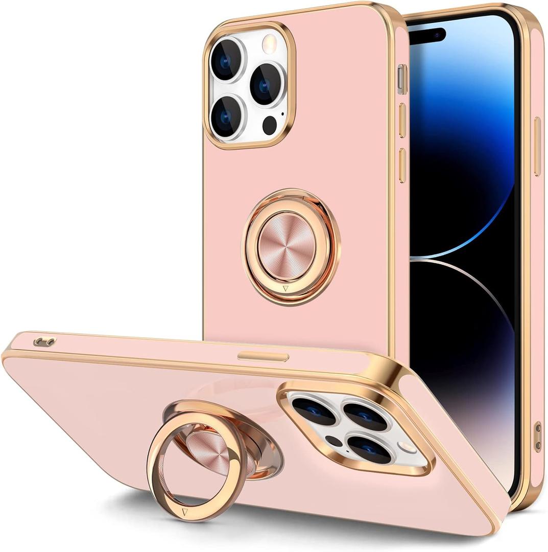 Hython for iPhone 14 Pro Max Case with Ring Stand [360 Rotatable Ring Holder Magnetic Kickstand] [Support Car Mount] Plated Gold Edge Slim Soft TPU Luxury Protective Phone Case Cover, Pink