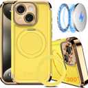 COOLQO for iPhone 15 Case 6.1'' Upgraded 360° Spin Magnetic Stand [Compatible with Magsafe][Military Protection] Plating Matte Scratch-Resistant Back Protective Shockproof Phone Case, Yellow Gold