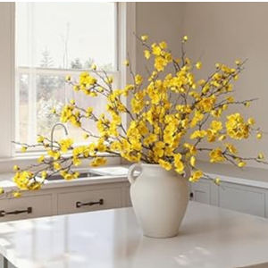 6 PCS Artificial Cherry Blossom Branches Spring Indoor Decoration, Faux Flowers 34.45" Long Stems Plum Fake Peach Plants Real Touch Silk for Wedding Home Bedroom Party Table Office, Yellow