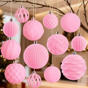 18Pcs Velvet Christmas Tree Ornaments Set, Pink Flocked Hanging Christmas Balls Ornaments, Shatterproof Decorative Hanging Balls Decorations Assortment for Xmas Tree Holiday Home Party Decor