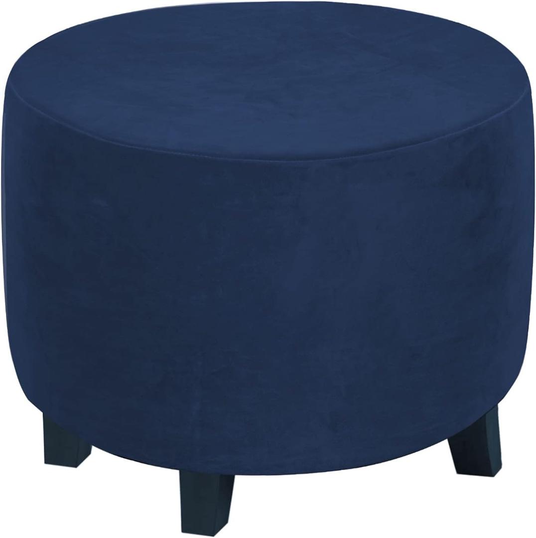 Round Ottoman Slipcover  Stretchable Footstool Cover with Elastic Bottom | Plush Velvet Fabric | Fits Storage Ottomans, Poufs & Stools (Navy, Medium)