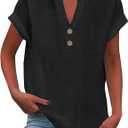 Womens Short Sleeve Linen Henley Tops V Neck Dressy Casual Blouses Summer Tee Shirts 2026 Vacation Fashion Clothes (X-Large, Black A01)