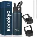 18 oz Insulated Water Bottle Stainless Steel Sport Bottles with 3 Lids, Navy Blue