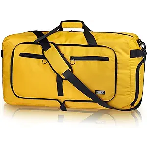 Fmeida 65L Duffle Bag with Shoes Compartment, Foldable Travel Duffel Bags for Men Women, Large Packable Travel Bag Water Repellent & Tear Resistant (Yellow)