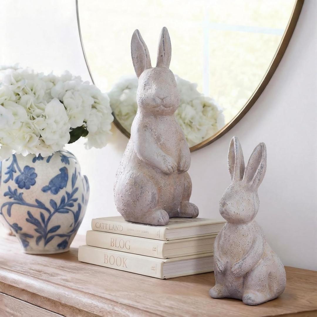 Set of 2 Rustic Easter Bunny Decorations 9.7'' 8'' Farmhouse Spring Easter Bunny Figurines Decoration for Table Vintage Beige Resin Rabbit Statues for Home Indoor Outdoor Decor