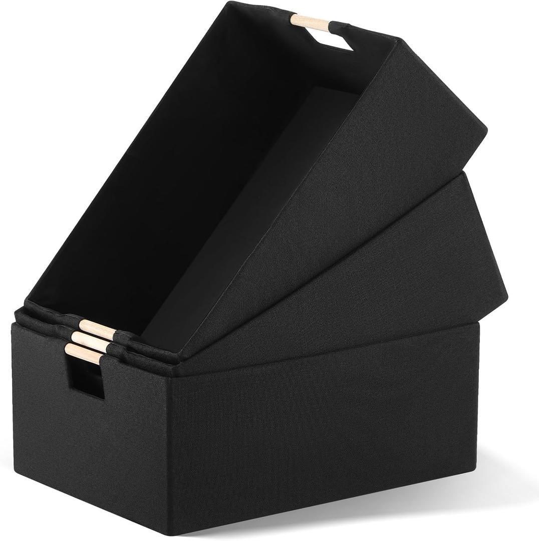3 Pack Fabric Storage Bins for Closet Shelves, Rectangle Wardrobe Organizers with Handle, Collapsible Shelves Storage Basket for Sorting Clothes, Nursery Toy(Black,16.5 x 12.2 x 6.7 Inch)