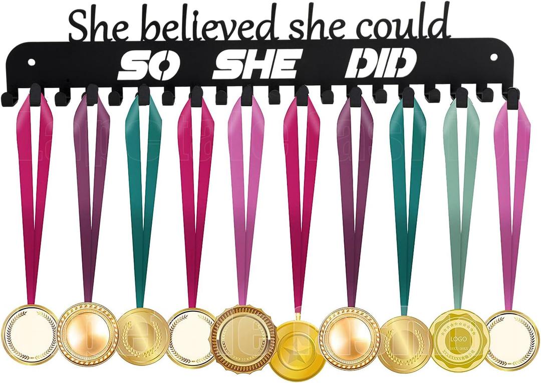 Sports Medal Hanger Display Holder Hook Rack for 60 Medals-16 Wide with 20 Hooks-Black-Easy Use Awesome Gifts (16 inches long Pack Box)