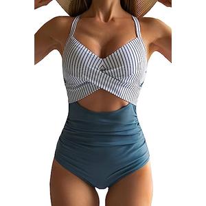 Eomenie Women's One Piece Swimsuits Tummy Control Cutout High Waisted Bathing Suit Wrap Tie Back 1 Piece Swimsuit Blue Striped. Size 2XL