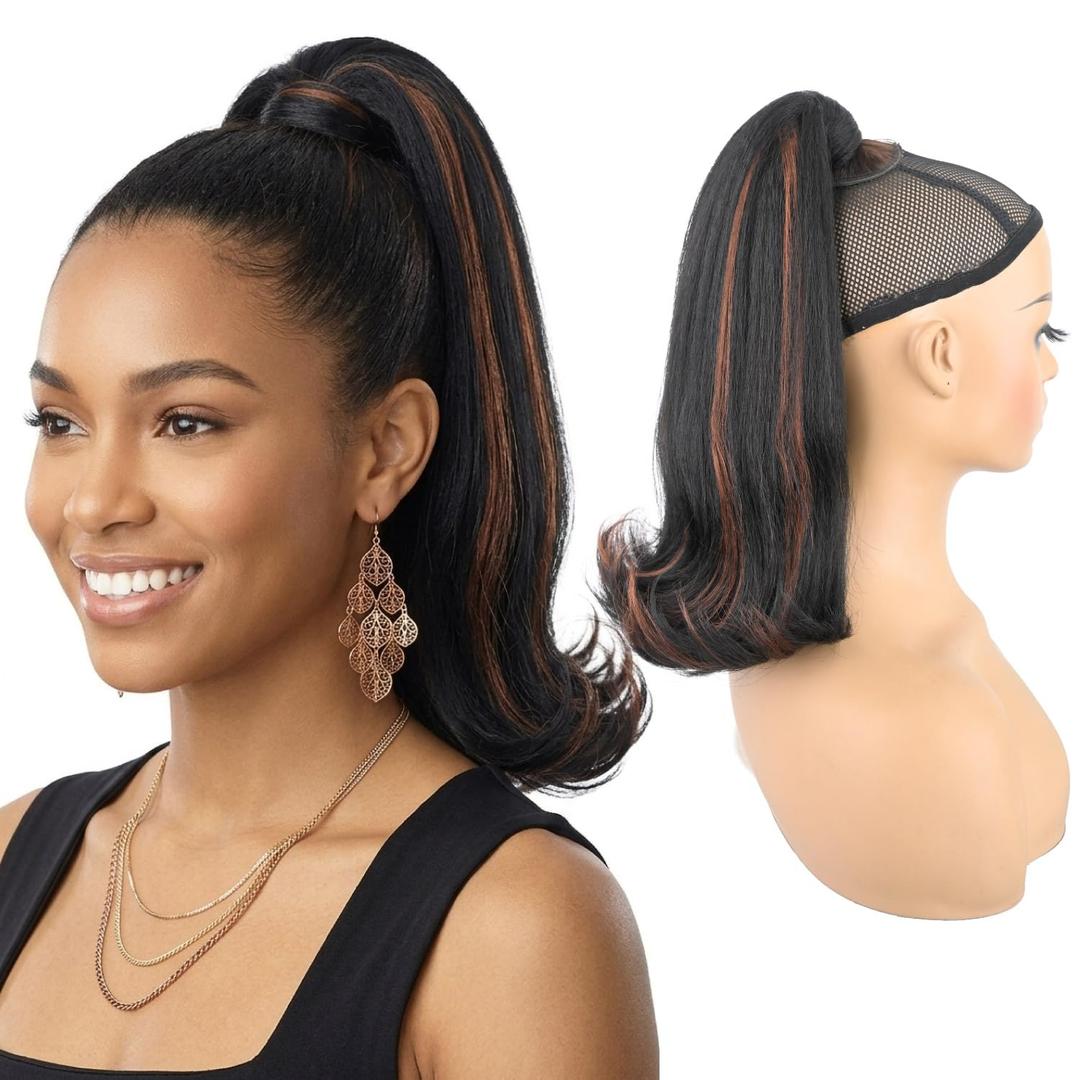 Flick Ponytail Extension for Black Women, 14 Inch Yaki Straight Wrap Around Velcro Ponytail, Synthetic Shoulder-Length Hairpiece for Daily Use(1BH30)