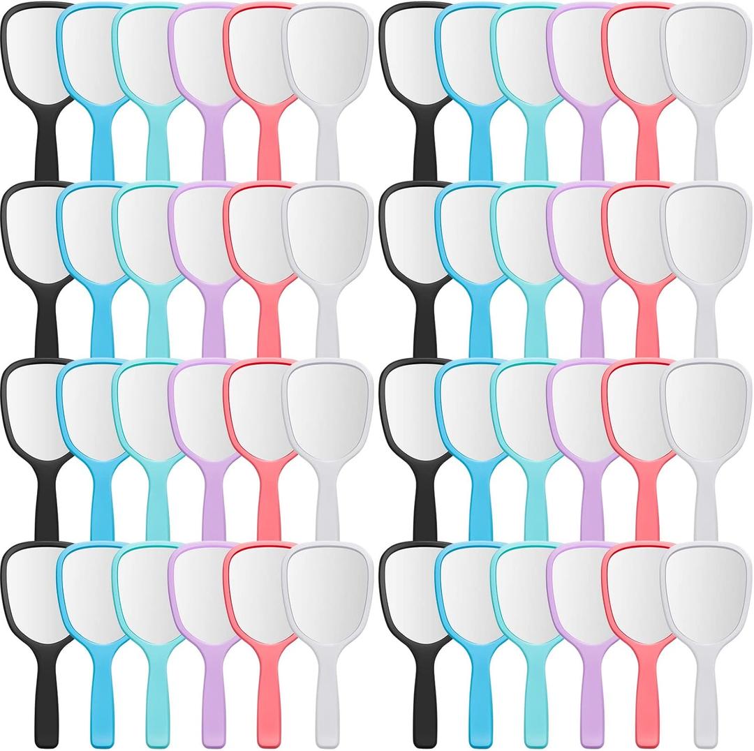 Vinsot 50 Pcs Handheld Mirror Bulk Small Hand Mirrors with Handle Plastic Portable Daily Makeup Tools for Home Travel Camping Daily, 3.15 Inch Wide, 7.09 Inch Long (6 Colors)