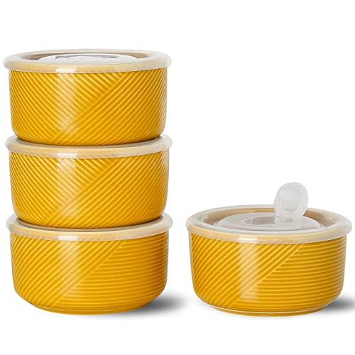 Adewnest Ceramic Bowls with Lids: 20 oz Microwave Safe Food Storage Containers for Soup, Salad, Cereal, Leftovers, Meal Prep, Lunch, Picnic, Camping, Serving - Airtight, Yellow, Set of 4