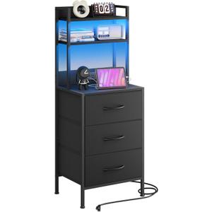Fixwal 41 Inch Tall Nightstand with Charging Station, Led Night Stand with U-S-B Port & Socket, 3 PU Finished Fabric Storage Drawers, Office, Bedside Table & Bookshelf in One, Black