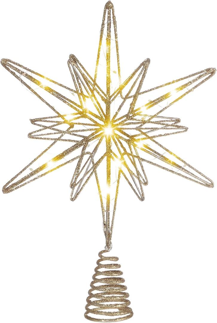Large Christmas Star Tree Topper with 20 LED Lights 12.5 Inch Star Tree Topper Glitter Sparkle Xmas Treetop Ornament for Home Holiday Party Decorations(Champagne)