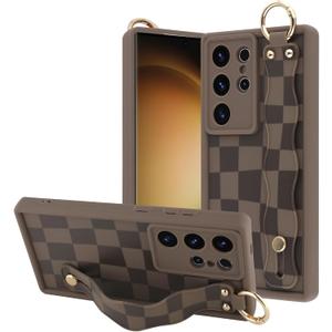 OOK Compatible with Samsung Galaxy S23 Ultra Checkered Case with Wrist Strap, Cute Brown Checkered Checkerboard TPU Shockproof Protection Slim Cover with Camera Protection for Women Girls, for 6.8inch
