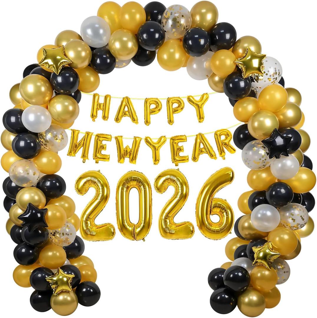 2026 New Years Balloon Arch Garland Kit, 2026 New Years Eve Party Supplies with Happy New Year Banner 32" 2026 Foil Balloons for Happy New Year Decorations 2026 NYE Party Supplies