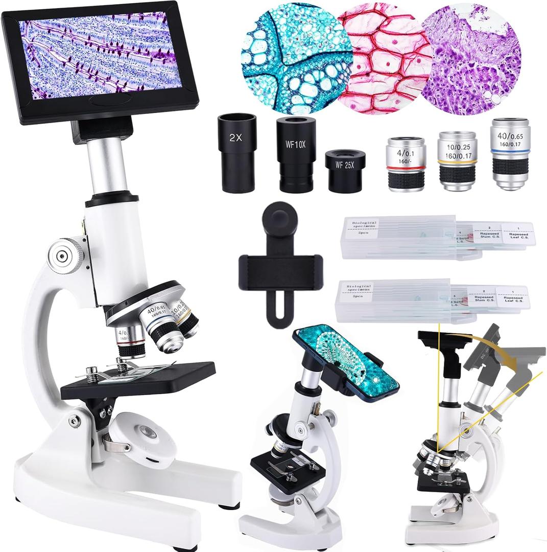 Herwicm Microscope 40X-2500X Magnification, HD Wide Angle Eyepieces, 4-inch High-Pixel Display with LED Fill Light 3, Cell Phone Observable, for Home School Labs (White)
