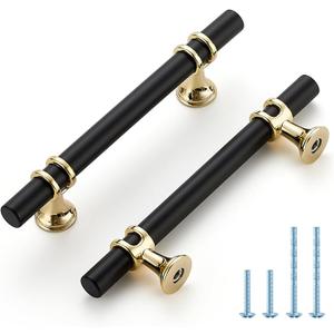 HOME EDIT Matte Black and Brushed Brass Cabinet Handles, 3-3/4 Inch Hole Center Modern T-Bar Drawer Pulls, Decorative Hardware for Cabinets, Dressers, and Drawers, 5 Pack