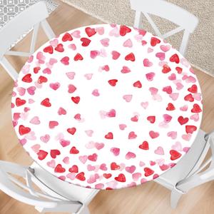 Valentine's Day Round Fitted Tablecloth with Elastic Red Pink Hearts Outdoor Tablecloth Waterproof Table Cover for Picnic Dinner Party Decor Fits 36"-40" Diameter Round Tables