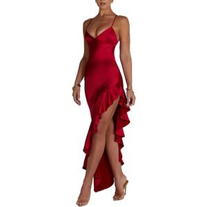 Women's Sexy Satin Spaghetti Strap V Neck Backless Side High Split Ruffle Hem Evening Party Cocktail Maxi Dress (Small, Wine Red)