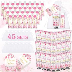 VISCOO 45 Sets Baby Shower Hand Cream and Lip Balm Gifts, Baby Shower Party Favors for Guests, Hand Cream Set for Bridal Wedding Thank You Gifts with Card Organza Bag, Travel Size (Girl)