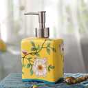 Handmade Ceramic Soap Dispenser for Bathroom Kitchen Shower Square Shaped Decorative Chinese Painting Vintage Refillable Hand Lotion Pump Bottle for Liquid Soap Shampoo Lotions Yellow