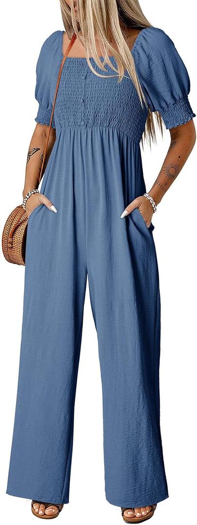 Dokotoo Jumpsuits for Women 2026 Summer Lantern Sleeves Rompers Wide Leg Casual Overalls with Pockets (L)