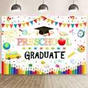 MEHOFOND 7x5ft Preschool Graduate Backdrop for Kids Kindergarten Graduation Photography Background Class of 2025 Preschool Prom Party Decor Colorful Flags Congrats Grad Party Banner Photo Booth Props (White)