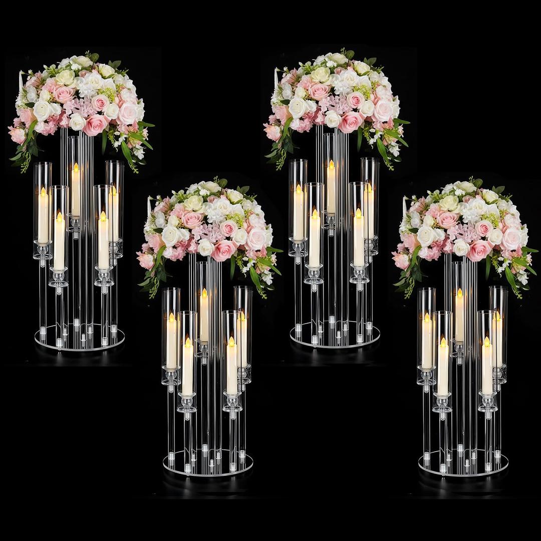 4PCS Acrylic Candelabra Flower Stand Centerpieces, Clear 5 Arm | 2 in 1 Acrylic wedding Centerpieces Stand for Birthday Party Event Decor, Fit LED Candle