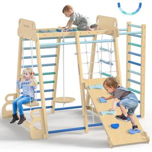 Upgraded Indoor Playground 9-in-1 Jungle Gym Kids Climbing Toys, Montessori Philosophy Waldorf Style Wooden Climber Playset with Slide, Swing, Monkey Bars, Upright/Rope Ladder, Climb Net, Blue (Sky Blue)