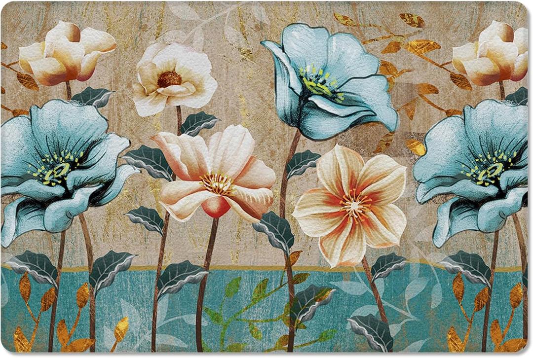 Elegant Antifatigue Kitchen Bath Door Mat Cushioned Runner Rug,Washable Welcome Floor Sink Mat,Waterproof Comfort Standing Doormat for Kitchen,Vintage Flowers Abstract Botanical18 x30