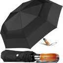 Lejorain Large Folding Golf Umbrella - Compact Mens Umbrellas Travel Rain and Windproof 54inch Collapsible Automatic Open Close Umbrella 210T Teflon Vented Double Canopy (01.Black)