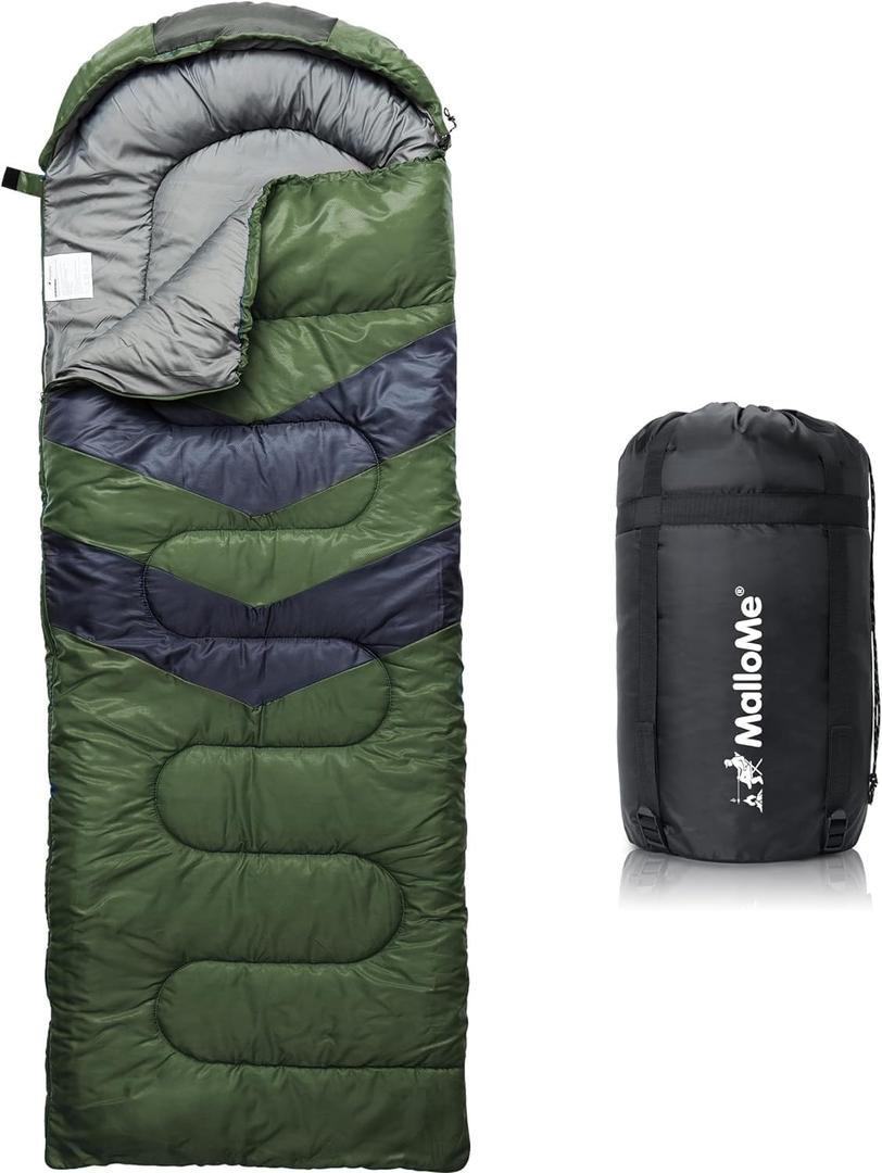 MalloMe Sleeping Bags for Adults Cold Weather & Warm - Backpacking Camping Sleeping Bag for Kids 10-12, Girls, Boys - Lightweight Compact Camping Essentials Gear Accessories Hiking Sleep Must Haves (32-65F Plush Comfort - Green)