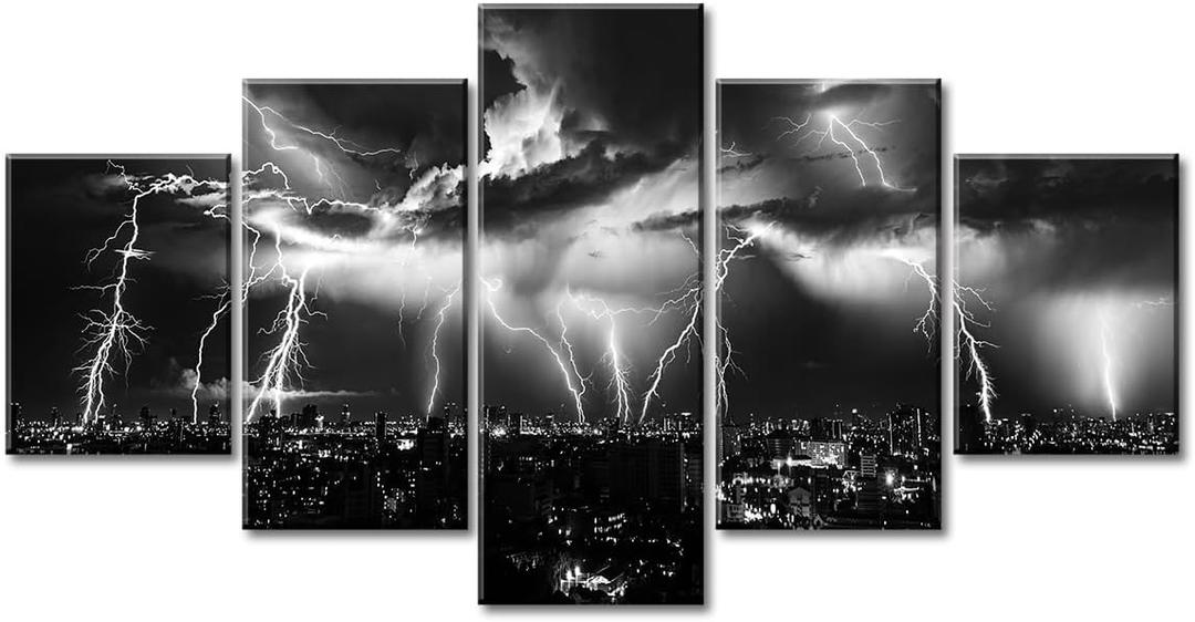 Lightning Storm City Skyline Canvas Wall Art, 5-Panel Set for Living Room | Framed Ready to Hang, Waterproof, Fade-Resistant,HD Print, City Skyline Wall Decor for Bedroom Office