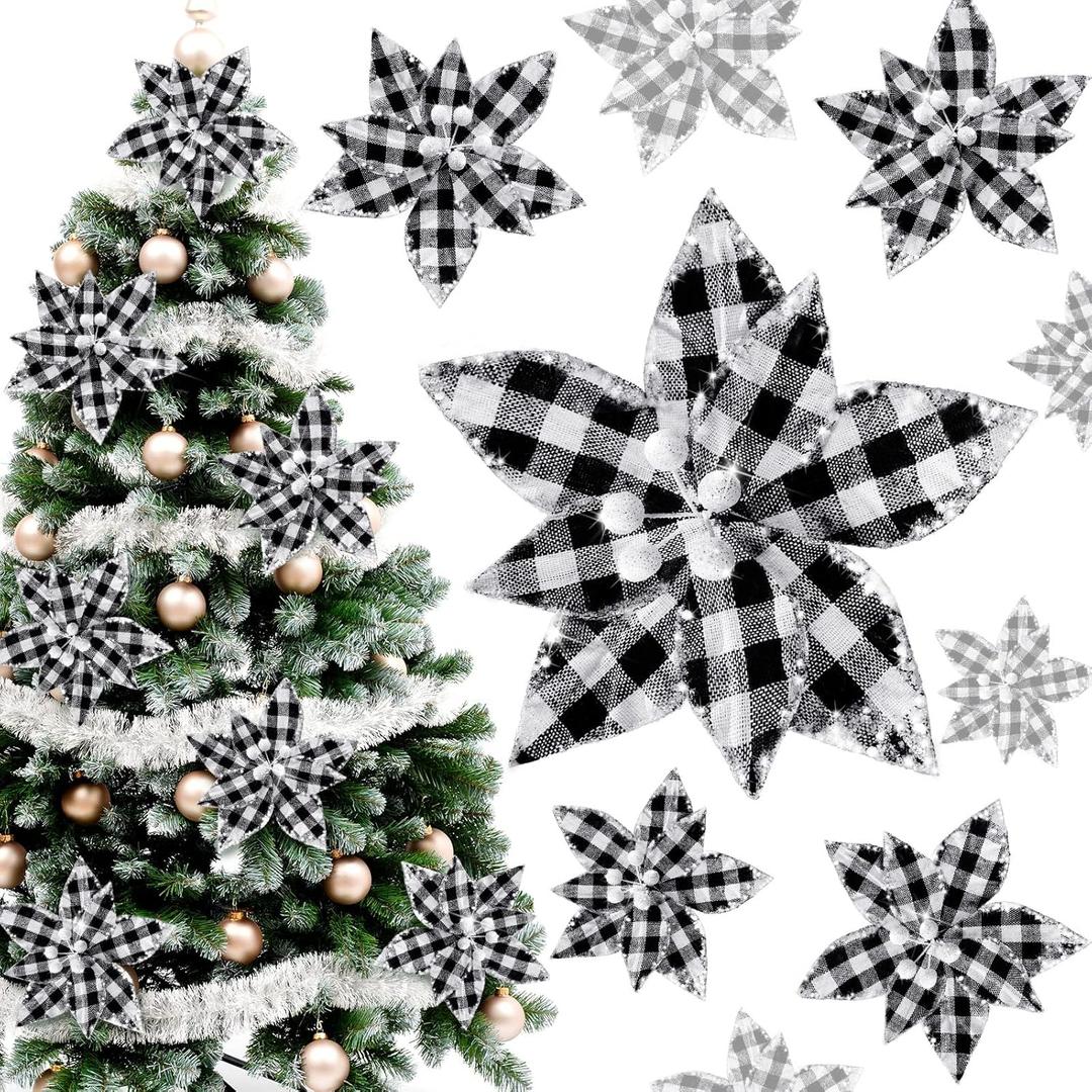 Syhood 12 Pieces Buffalo Plaid Poinsettias Christmas Tree Ornaments Artificial Christmas Flowers with Glitter Powder for Christmas Tree Wreaths Garland Holiday Decorations 6.7 Inch (Black and White)