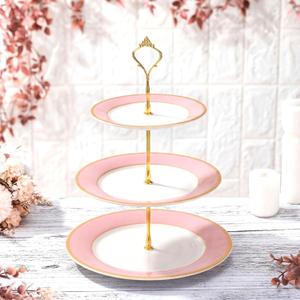 CHENGU 3 Tier Cupcake Stand Pink Ceramic with Gold Frame, 10" 9" 7" Dessert Tower for Baby Shower Birthday Wedding Tea Party, Tiered Cake Holder Display for Cupcakes Pastries Fruits