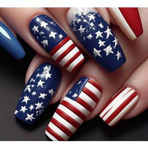2 x Long Press on Nails Independence Day Fake Nail Red Blue Stripe Star Design False Nails Glossy National Flag Glue on Nails Summer Coffin Shape Acrylic Nails Artificial Stick on Nail for Women