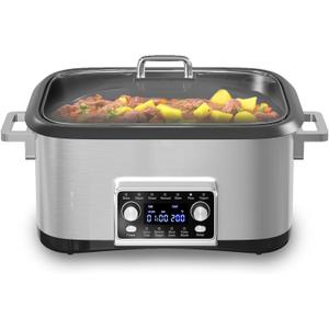 HEYNEMO 12-in-1 Programmable Slow Cooker, 8 Quart Slow Cooker with Timer, Temp Control and Auto Shut Off, Multi Cooker with Steaming Rack, Dishwasher-Safe Visual Glass Lid, Stainless Steel