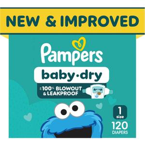 Pampers Baby Dry Ultra Cushiony Diapers, Size 1 (8-14 lbs), 120 Count, Up to 100% Leakproof