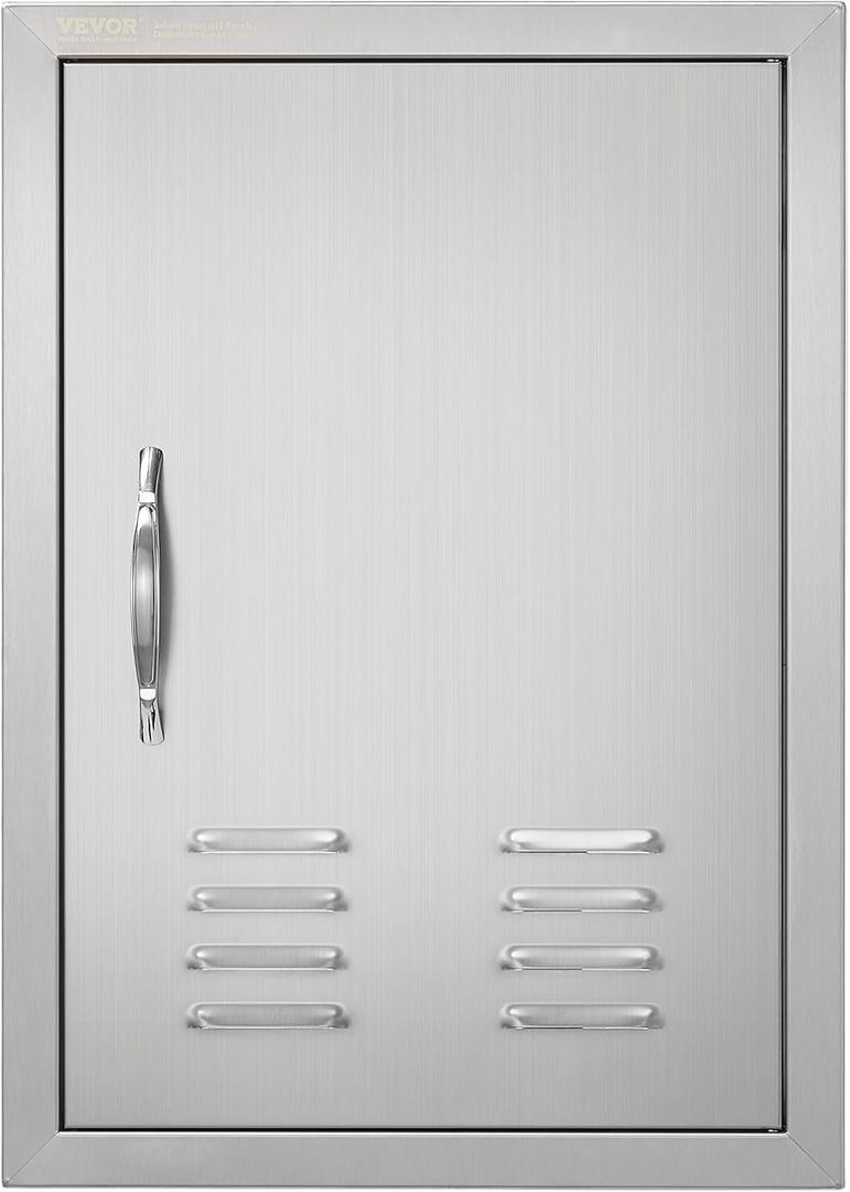 VEVOR BBQ Access Door, 17W x 24H Inch Single Outdoor Kitchen Door, Stainless Steel Flush Mount Door, Wall Vertical Door with Handle, Vents and Hook, for BBQ Island, Grilling Station, Outside Cabinet
